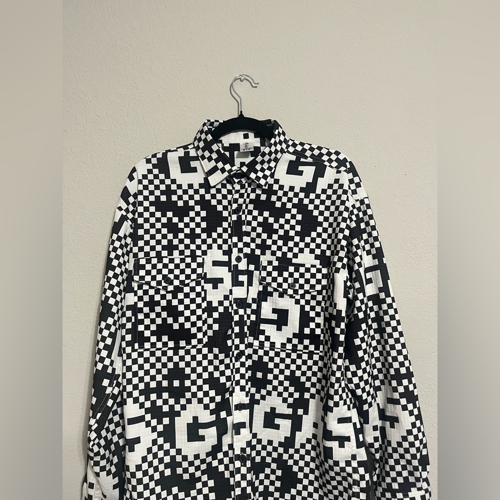 Youngor B&W Checkered Casual Long Sleeve Button Down (Size: XL)